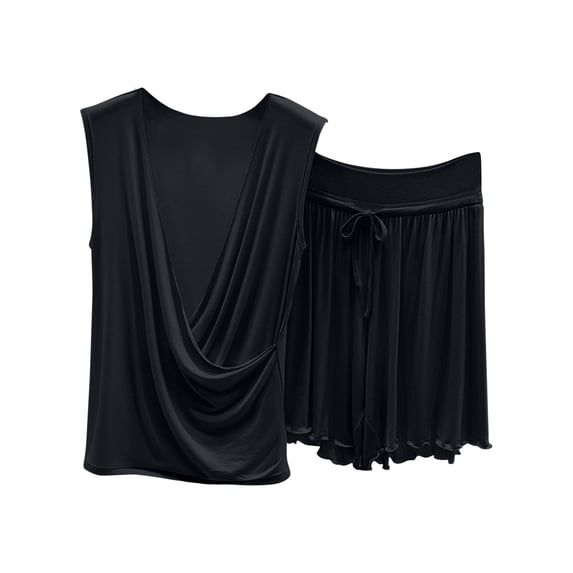TEAJOPSUU Women's Soft Pajama Set Lightweight Cozy Cotton Blend Pajamas Draped Cowl Neck Sleeveless Top & Drawstring Ruffle Hem Shorts Summer Comfy 2 Piece Loungewear Sleepwear B-Black