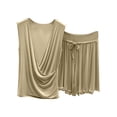 thumbnail image 1 of TEAJOPSUU Women's Soft Pajama Set Lightweight Cozy Cotton Blend Pajamas Draped Cowl Neck Sleeveless Top & Drawstring Ruffle Hem Shorts Summer Comfy 2 Piece Loungewear Sleepwear B-Beige, 1 of 5