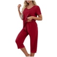 thumbnail image 1 of TEAJOPSUU Women's Solid V-Neck Pajama Set Summer Comfy Pjs Set Short Sleeve Top & Capri Pants 2 Piece Loungewear Sleepwear Red, 1 of 7