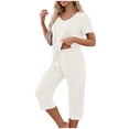 thumbnail image 1 of TEAJOPSUU Women's Solid V-Neck Pajama Set Summer Comfy Pjs Set Short Sleeve Top & Capri Pants 2 Piece Loungewear Sleepwear White, 1 of 7