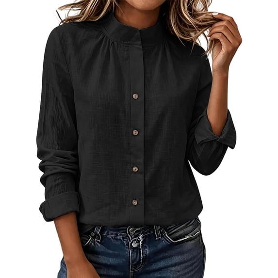 TEAJOPSUU Women's Stand Collar Shirt Long Sleeve Cotton Blend Button Down Shirts Relaxed Fit Casual Cardigan Tops for Everyday Work Black