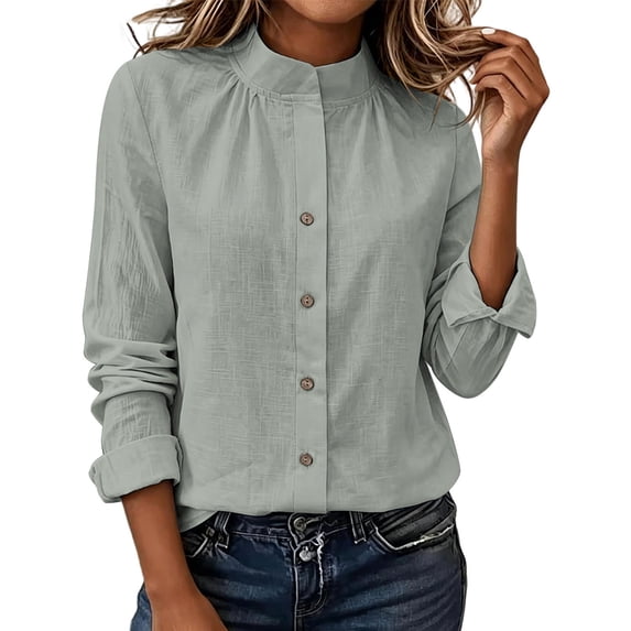 TEAJOPSUU Women's Stand Collar Shirt Long Sleeve Cotton Blend Button Down Shirts Relaxed Fit Casual Cardigan Tops for Everyday Work Gray