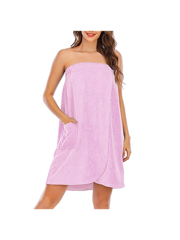 Women's Strapless Bath Wrap Quick Dry Absorbent Plush Terry Robe for Spa Solid Color Plush Bathrobes with Pocket Pink