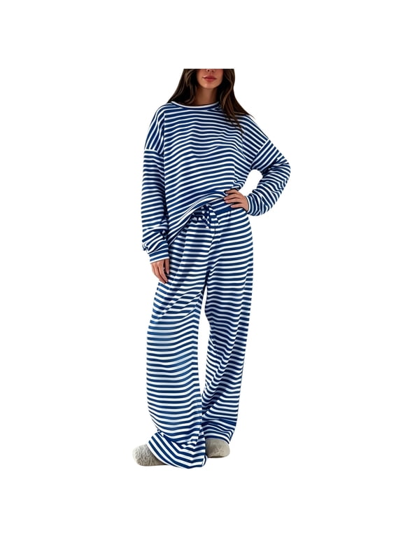 Women's Striped 2 Piece Lounge Sets Casual Long Sleeve T-Shirts Drawstring Wide Leg Pants Sets Matching Pajamas Outfits Blue