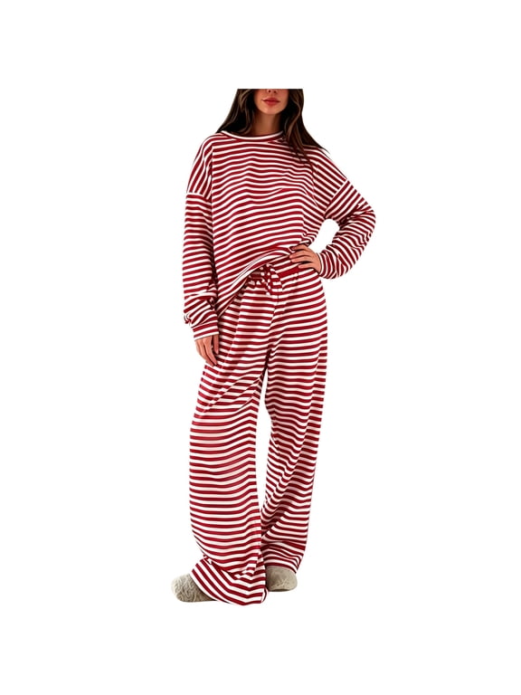 Women's Striped 2 Piece Lounge Sets Casual Long Sleeve T-Shirts Drawstring Wide Leg Pants Sets Matching Pajamas Outfits Red