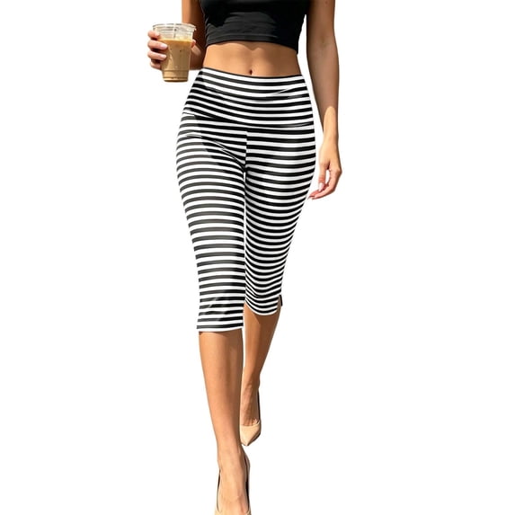 TEAJOPSUU Women's Striped Capri Leggings Slim Fit Stretchy Knee Length Leggings with Elastic Waist for Casual Everyday Loungewear Black