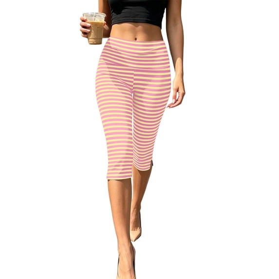 TEAJOPSUU Women's Striped Capri Leggings Slim Fit Stretchy Knee Length Leggings with Elastic Waist for Casual Everyday Loungewear Pink