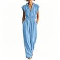 thumbnail image 1 of TEAJOPSUU Women's Summer Jumpsuits Cap Sleeve Collared Zipper Down Elastic Waist Wide Leg Jumpsuits One Piece Overalls Casual Cotton Blend Tracksuit B-Light Blue, 1 of 7