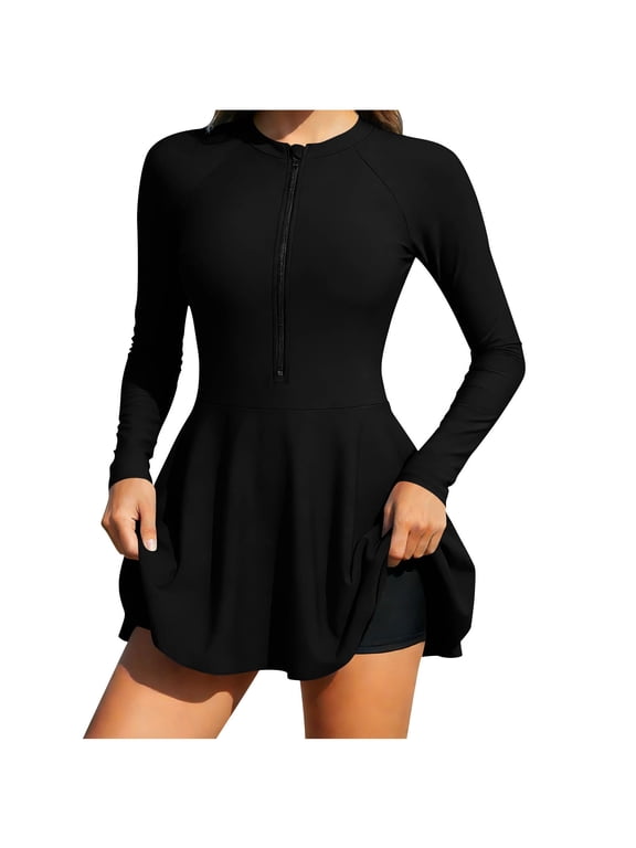 Women's Sun Protection Swimsuits Quick Dry One Piece Rash Guard Swim Dress with Built in Shorts Long Sleeve 2 Piece Half Zipper Mock Neck Surfing Suit A-Black