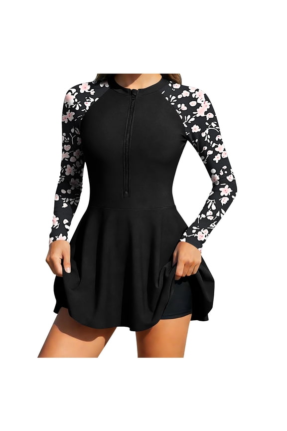 Women's Sun Protection Swimsuits Quick Dry One Piece Rash Guard Swim Dress with Built in Shorts Long Sleeve 2 Piece Half Zipper Mock Neck Surfing Suit B-Black