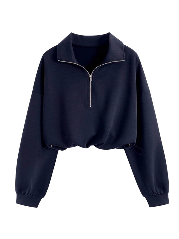 Women's Sweatshirt Tops Turn Down Collar Long Sleeve Half Zip Pullover Cropped Sweatshirts Workout Blouses Navy