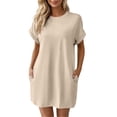 thumbnail image 1 of TEAJOPSUU Women's T-Shirt Dresses Casual Short Sleeve Crew Neck Shift Mini Dresses Knee Length Tunic Tee Shirt Dresses Beige, 1 of 9