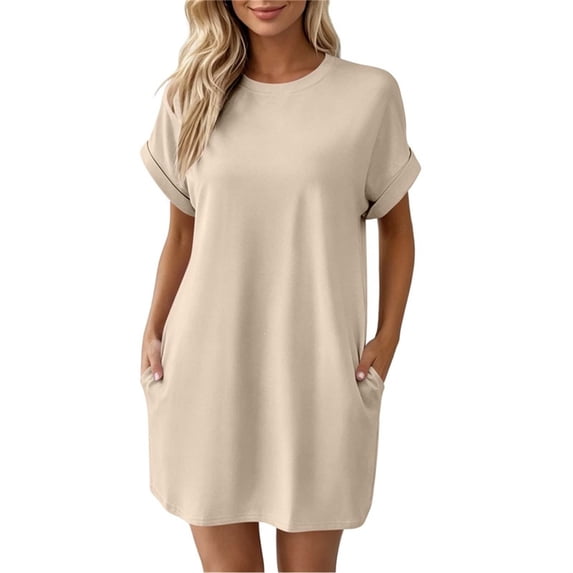 TEAJOPSUU Women's T-Shirt Dresses Casual Short Sleeve Crew Neck Shift Mini Dresses Knee Length Tunic Tee Shirt Dresses Beige