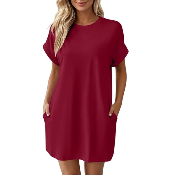 TEAJOPSUU Women's T-Shirt Dresses Casual Short Sleeve Crew Neck Shift Mini Dresses Knee Length Tunic Tee Shirt Dresses Wine