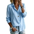 thumbnail image 1 of TEAJOPSUU Women's Trendy Cotton Blend Tops Long Sleeve Collared Button Down Shirts Casual Lace Trim Comfy Blouses A-Blue, 1 of 5