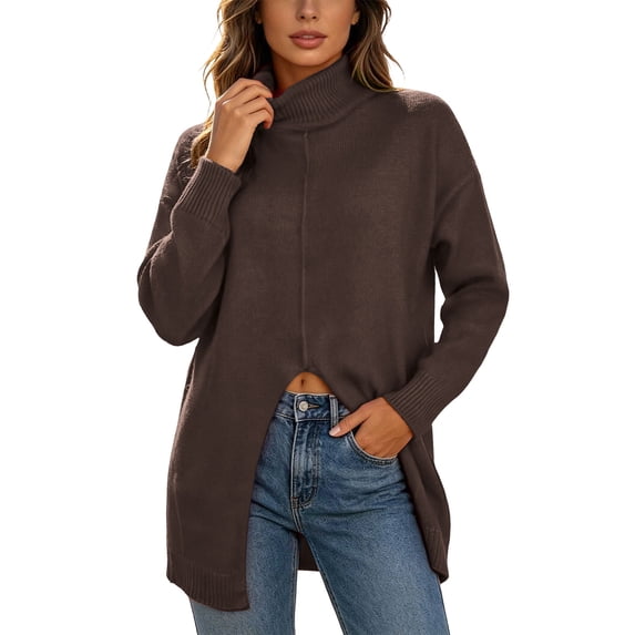 TEAJOPSUU Women's Turtle Neck Knit Sweaters Front Slit Long Sleeve Loose Fit Fall Winter Pullover Sweaters Coffee