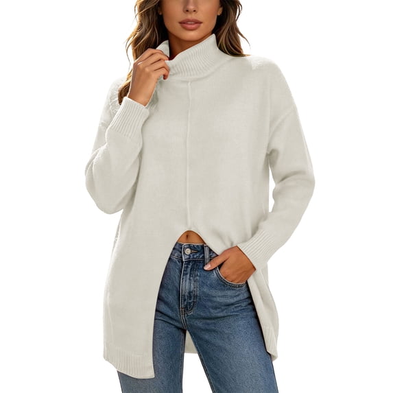 TEAJOPSUU Women's Turtle Neck Knit Sweaters Front Slit Long Sleeve Loose Fit Fall Winter Pullover Sweaters White