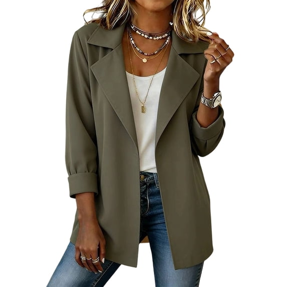 TEAJOPSUU Women's Twill Blazers Notched Lapel 3/4 Sleeve Solid Color Open Front Suit Jackets Casual Business Rolled Sleeve Blazers Olive Green