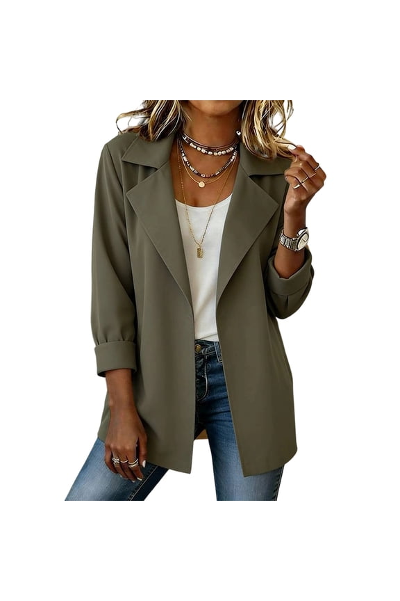 Women's Twill Blazers Notched Lapel 3/4 Sleeve Solid Color Open Front Suit Jackets Casual Business Rolled Sleeve Blazers Olive Green