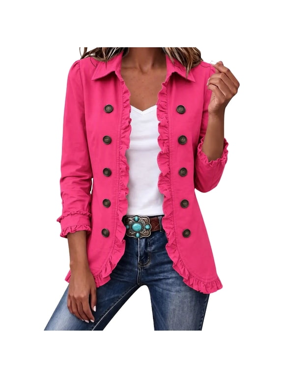 Women's Twill Ruffled Trim Cardigan Lapel Collar Long Sleeve Casual Outerwear Fall Frill Edge Open Front Cardigan Sweater Hot Pink