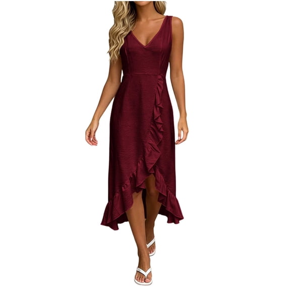 TEAJOPSUU Women's V Neck Sleeveless Faux Wrap Ruched Midi Dress Ruffle Hem Cocktail Party Wedding Guest Bodycon Dress Wine