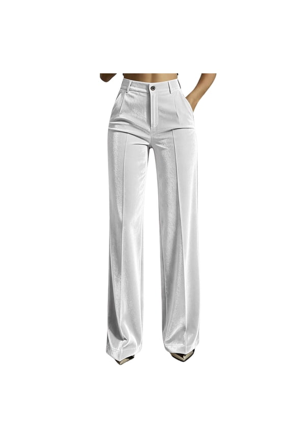 Women's Velour Dress Pants with Pockets Long Wide Leg Button Closure Suit Trousers Business Casual Pants for Office Daily White