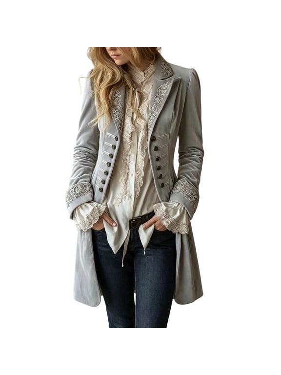 Women's Velour Jacket Vintage Medieval Collared Pirate Gothic Steampunk Button Front Coat for Fall Winter Festival Gray