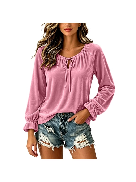 Women's Velour Tops Soft Comfy Fall Winter Shirts Casual Tie‑Neck Long Sleeve Ruched Raglan Sleeve Blouses with Ruffled Cuffs Pink