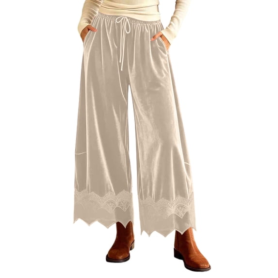 TEAJOPSUU Women's Velour Wide Leg Pants Entrancing Lace Scallop Hem Drawstring Elastic Waist Cropped Pants with Pocket Casual Fall Winter Trousers B-Khaki