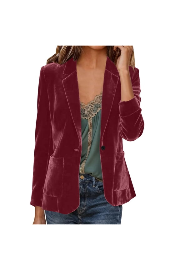 Women's Velvet Blazer Business Notched Lapel Button Front Work Jacket Fall Fashion Long Sleeve V Neck Jacket Coat with Pockets B-Burgundy