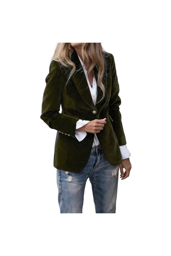 Women's Velvet Blazer Casual Notched Lapel Button Front Jacket Business Long Sleeve V Neck Work Jackets Fall Fashion Streetwear Coat B-Olive Green
