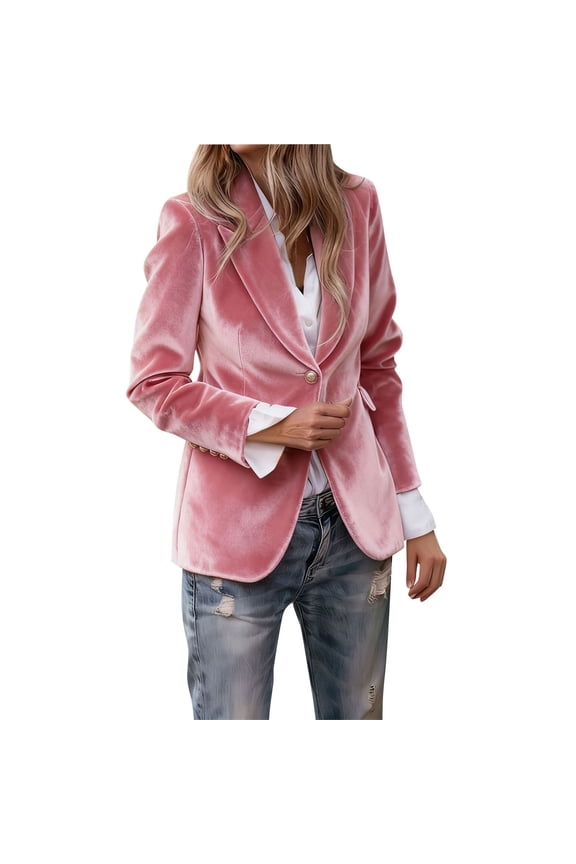 Women's Velvet Blazer Casual Notched Lapel Button Front Jacket Business Long Sleeve V Neck Work Jackets Fall Fashion Streetwear Coat C-Pink