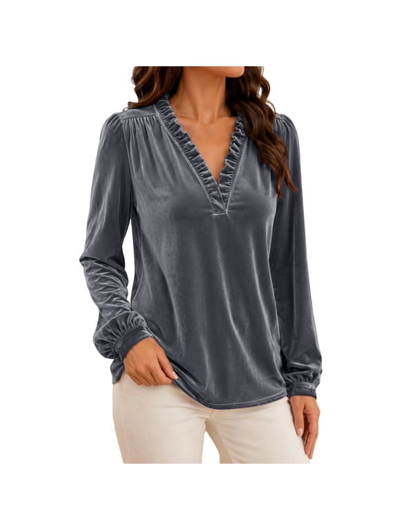 Women's Velvet Long Sleeve Blouse Ruffled Trim V‑Neck Lantern Sleeve Loose Fit Soft Velour Elegant Dressy Tops for Fall Winter Gray