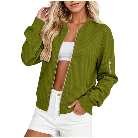 TEAJOPSUU Women's Waffle Bomber Jackets Zip Up V Neck Jackets with Pockets Relaxed Fit Casual Solid Fall Winter Jackets Outerwear Olive Green