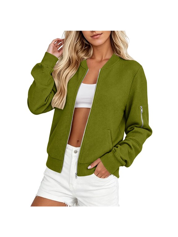 Women's Waffle Bomber Jackets Zip Up V Neck Jackets with Pockets Relaxed Fit Casual Solid Fall Winter Jackets Outerwear Olive Green
