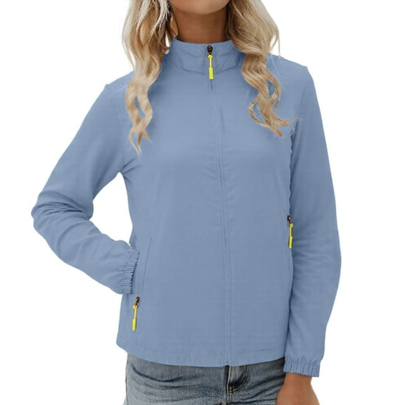 TEAJOPSUU Women's Waterproof Raincoat Lightweight Full Zip Up Rain Jacket Outdoor Hiking Hooded Windbreaker with Pockets A-Light Blue