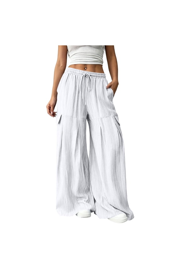 Women's Wavy-Pleated Palazzo Flowy Drawstring Long Culottes Trosuers for Casual Travel Vacation White