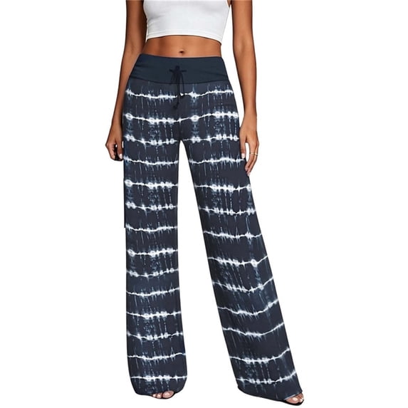 TEAJOPSUU Women's Wide Leg Pants Drawstring Elastic Wide Waistband Printed Trousers Pants for Casual Everyday Loungewear Navy