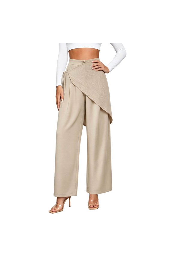 Women's Wide Leg Pants High Waisted Tie Waist Wrap Pants with Pockets Casual Solid Color Daily Pants Beige