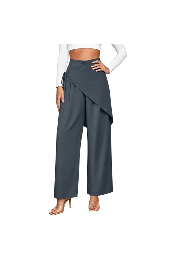Women's Wide Leg Pants High Waisted Tie Waist Wrap Pants with Pockets Casual Solid Color Daily Pants Gray
