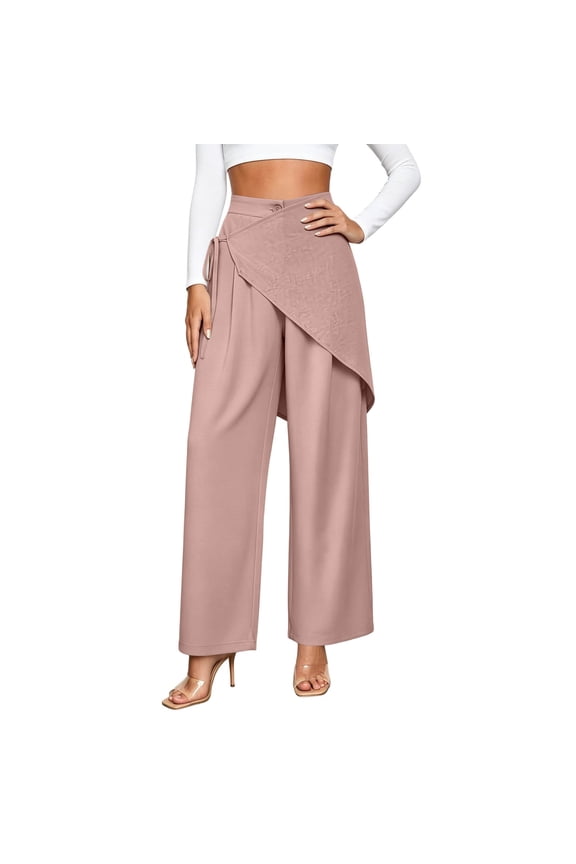 Women's Wide Leg Pants High Waisted Tie Waist Wrap Pants with Pockets Casual Solid Color Daily Pants Pink