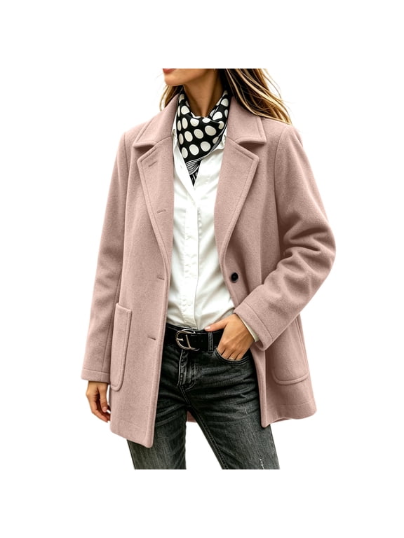 Women's Winter Blazer Coat Dressy Button Down Notch Laple Collar Long Sleeve Pockets Loose Fit Soft Warm Coat for Casual Business Pink