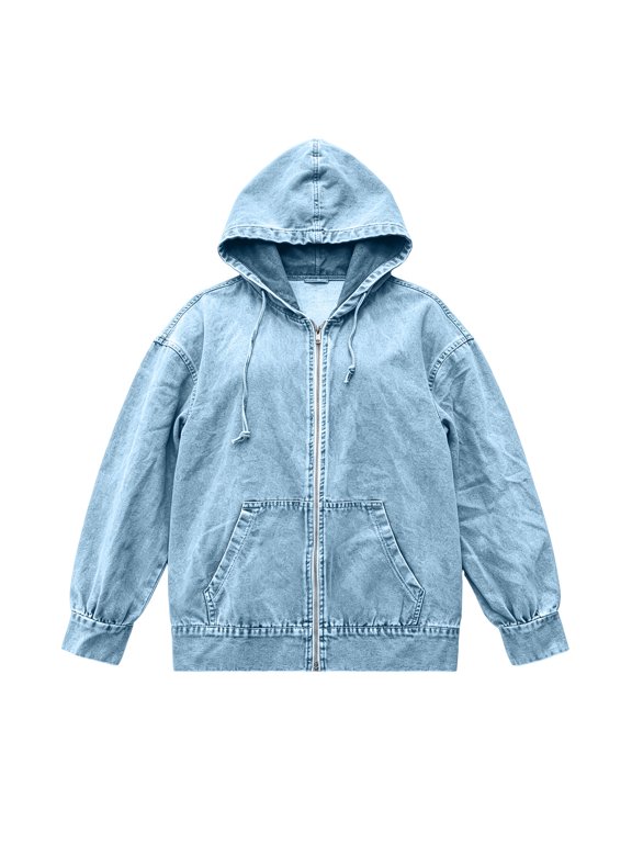 Women's Winter Denim Jackets Zip up Hooded Long Sleeve Kangaroo Pocket Loose Fit Soft Warm Jackets for Outdoor Travel Camping Light Blue