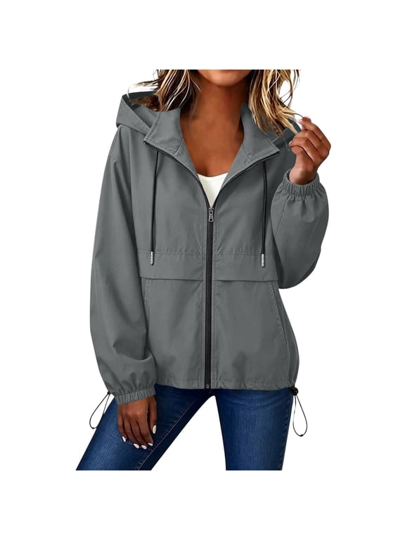 Women's Winter Fall Jackets Waterproof Zip up Hooded Long Sleeve Drawstring Hem Trench Jackets for Outdoor Hiking Travel B-Dark Gray