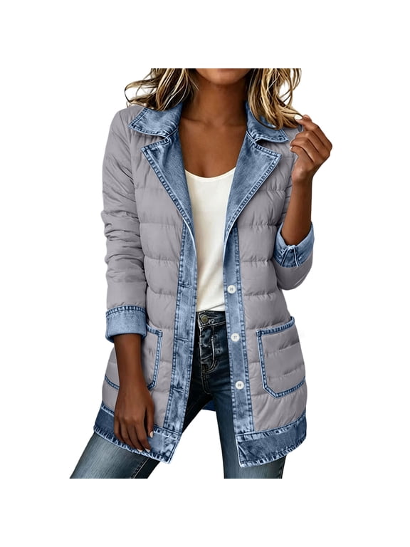 Women's Winter Puffer Coat Zip up Hooded Long Sleeve Two Pockets Quilted Padded Coat with Pockets Casual Everyday Outerwear B-Gray