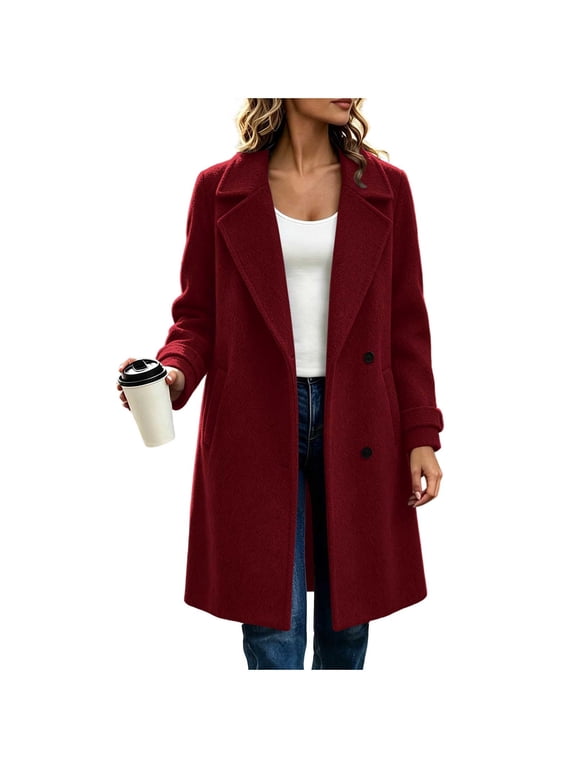 Women's Winter Tweed Pea Coat Warm Button Front Long Sleeve Lapel Collar Trench Coat with Pockets for Casual Everyday Burgundy