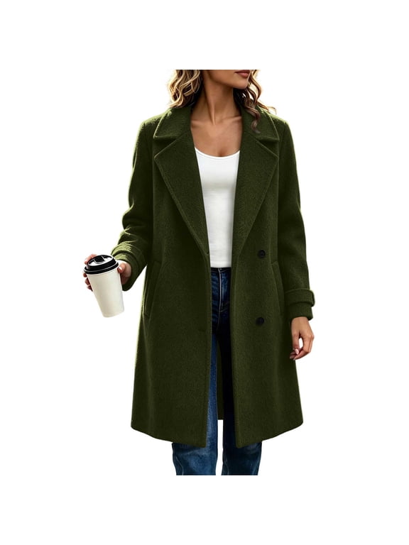 Women's Winter Tweed Pea Coat Warm Button Front Long Sleeve Lapel Collar Trench Coat with Pockets for Casual Everyday Olive Green