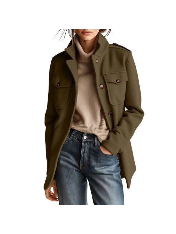 Women's Wool Blend Utility Field Jacket Stand Collar Button Closure Multi Flap Pockets Long Sleeve Relaxed Fit Lapel Outerwear Coat Brown