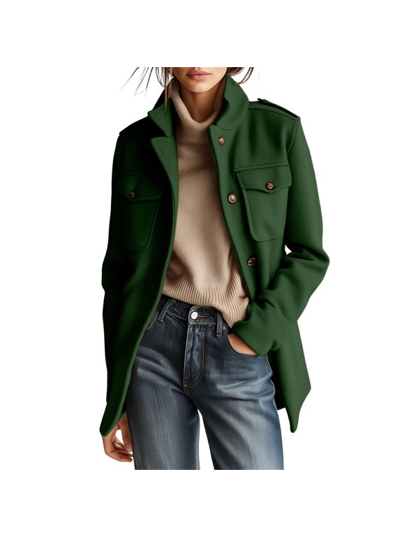 Women's Wool Blend Utility Field Jacket Stand Collar Button Closure Multi Flap Pockets Long Sleeve Relaxed Fit Lapel Outerwear Coat Green