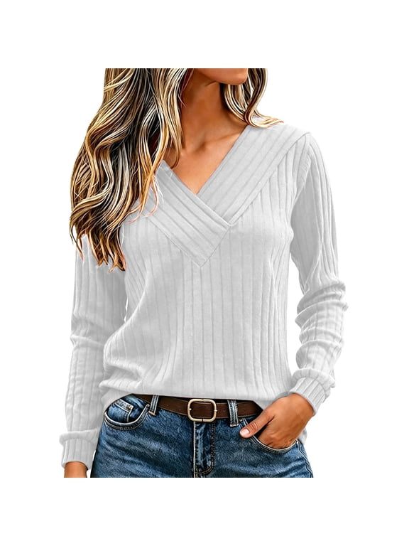 Women's Wrap V Neck Ribbed Knit Top Long Sleeve Crisscross Surplice Neck Soft Stretchy Pullover Casual Fall Winter Sweater White